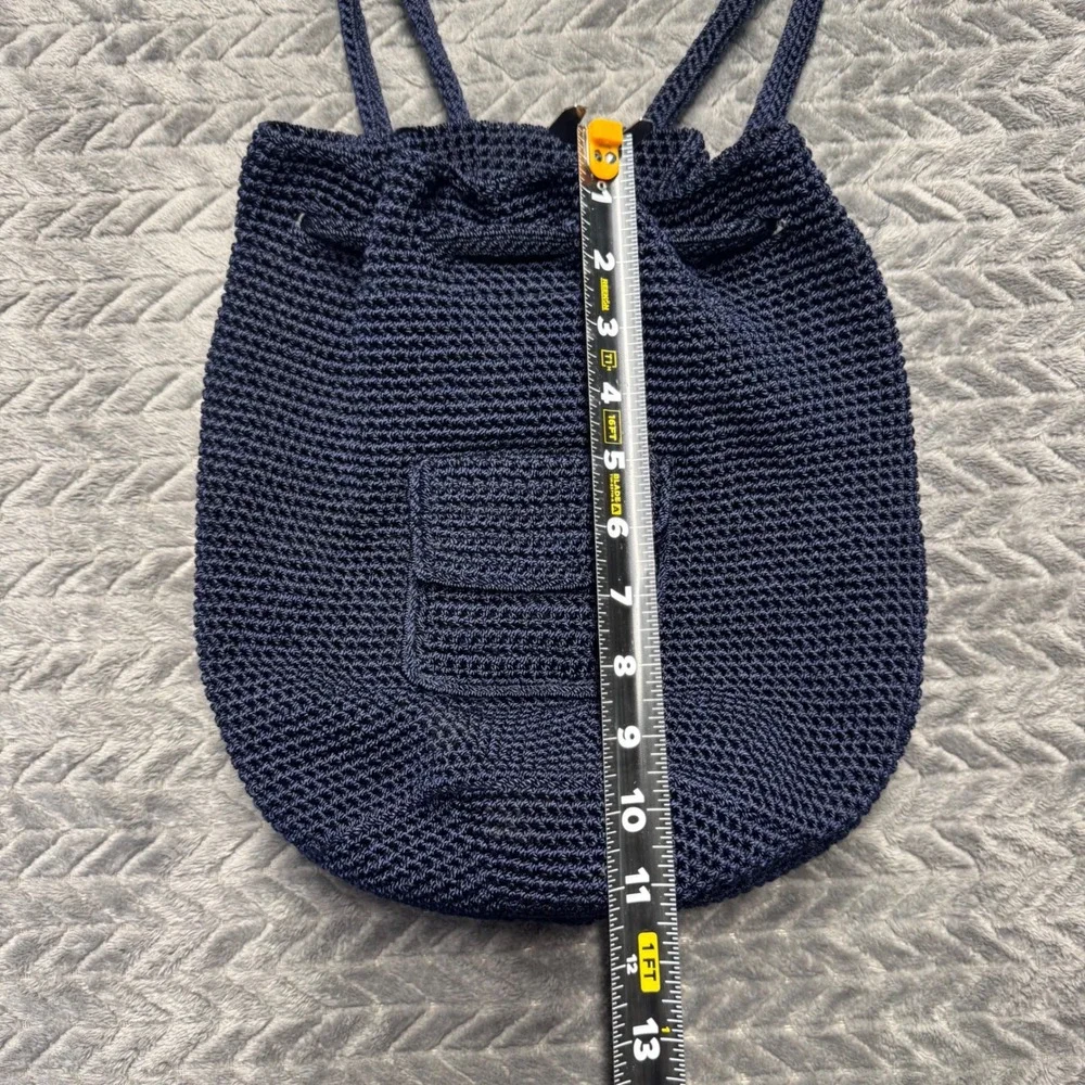 The Sak Crochet Drawstring Backpack Small Navy Blue‎ Excellent Knit Boho (2030)